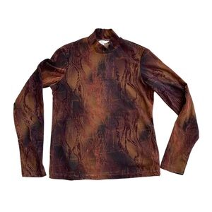 🔥 Vintage Y2K Mock Neck Velvet Tie Dye Top SZ S Brown Stretch Retro Grunge